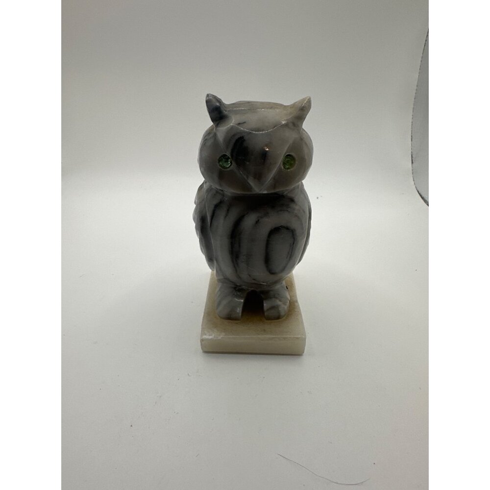 Vintage‎ Carved Marble Owl Figurine With Green Eyes On Square Base